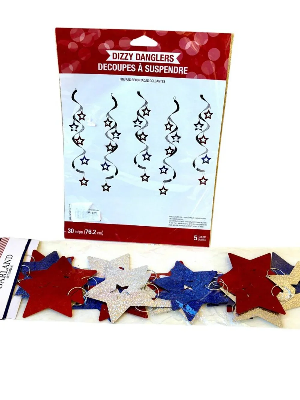4th of July Hanging GARLAND + DIZZY DANGLERS Red Blue Silver STARS New